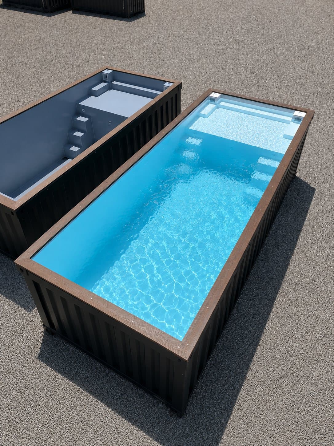 A filled pool beside an empty shell at the shop
