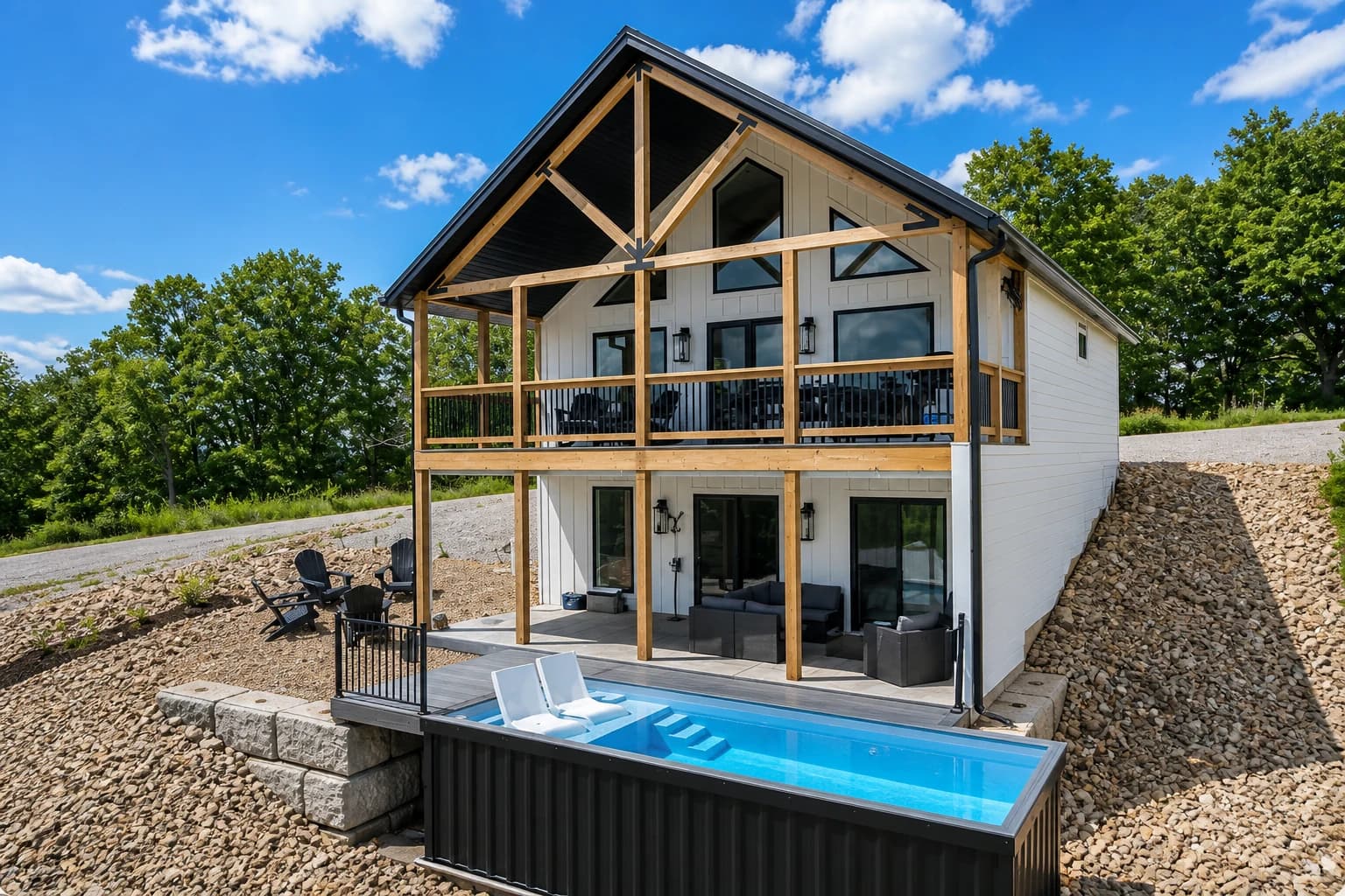 40ft Midwest container pool with tanning ledge beside a modern home